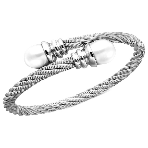 Cultured Freshwater Pearl (10mm) Bangle Bracelet in Stainless Steel - Picture 1 of 4
